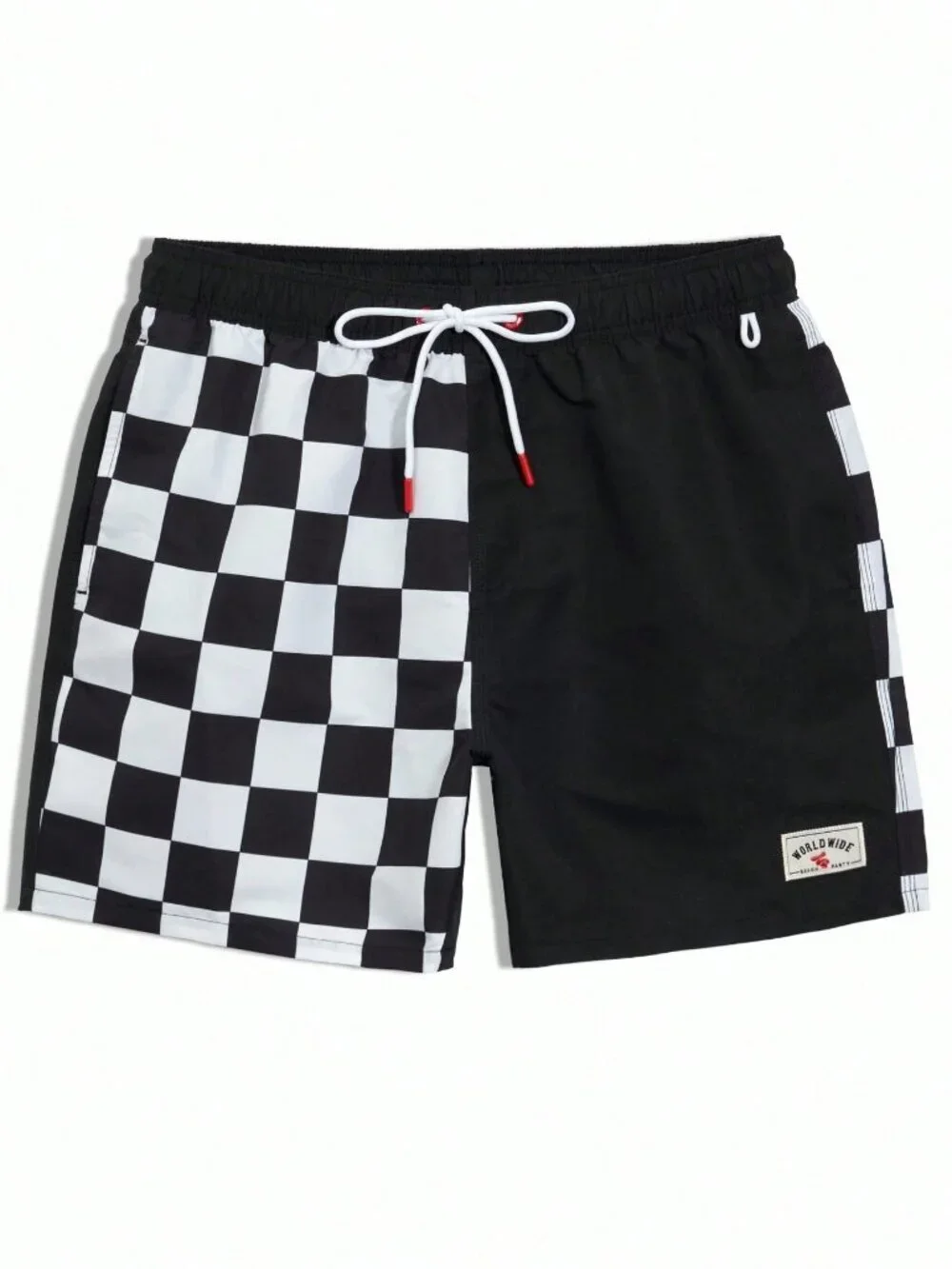 Black Casual Vacation Men's Letter & Checkerboard Print Drawstring Swim Trunks
